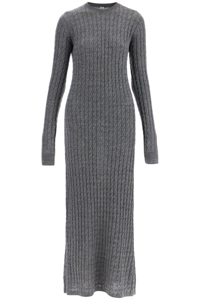 TOTEME Long Dress In Rws Wool Gray Mlange With Cable Knit Pattern