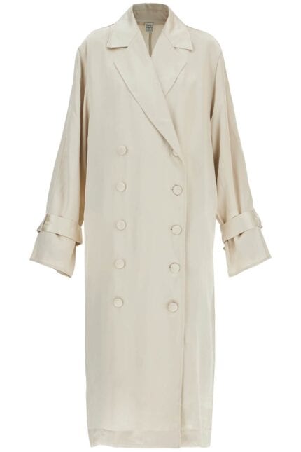 TOTEME Long White Satin Trench Dress In Viscose