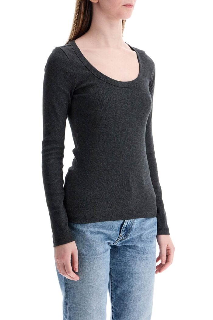 TOTEME Organic Cotton Charcoal Melange Ribbed Top With Wide Neck