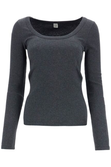 TOTEME Organic Cotton Charcoal Melange Ribbed Top With Wide Neck