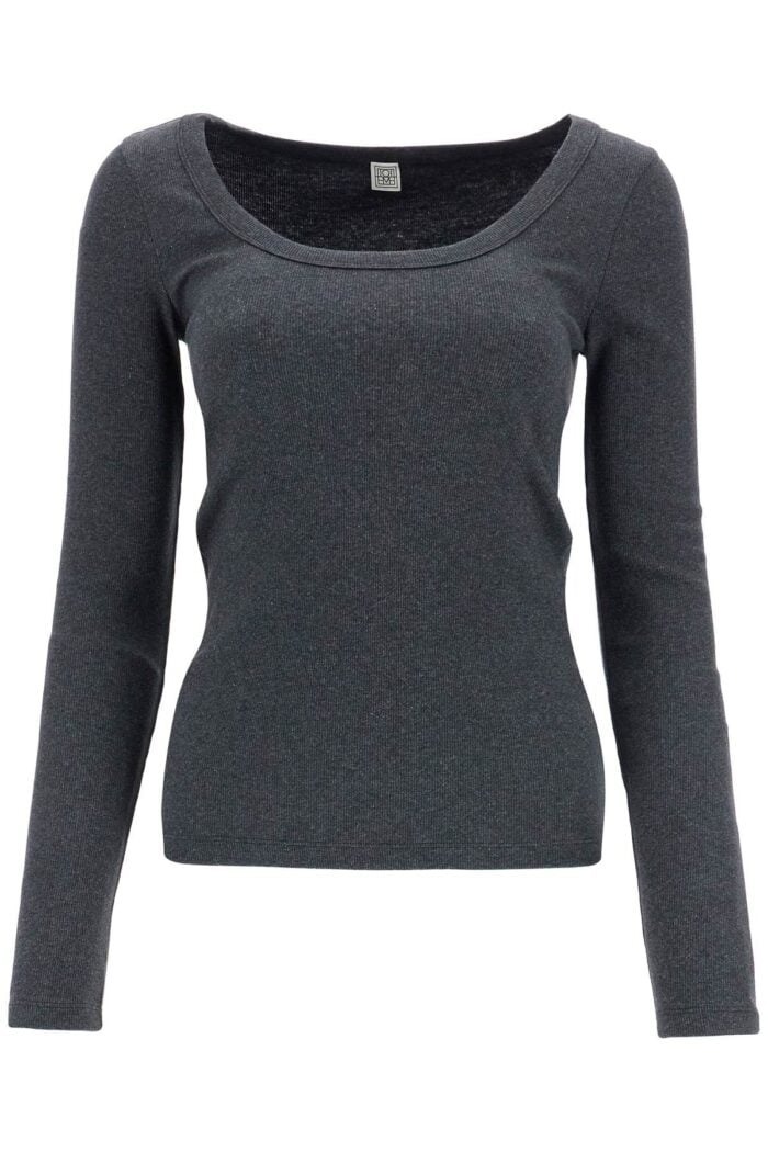 TOTEME Organic Cotton Charcoal Melange Ribbed Top With Wide Neck