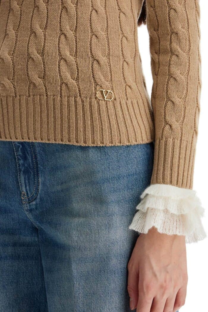 VALENTINO GARAVANI Beige And Ivory Cable Knit Crew Neck Sweater