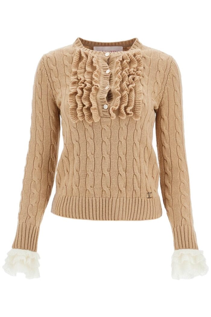 VALENTINO GARAVANI Beige And Ivory Cable Knit Crew Neck Sweater