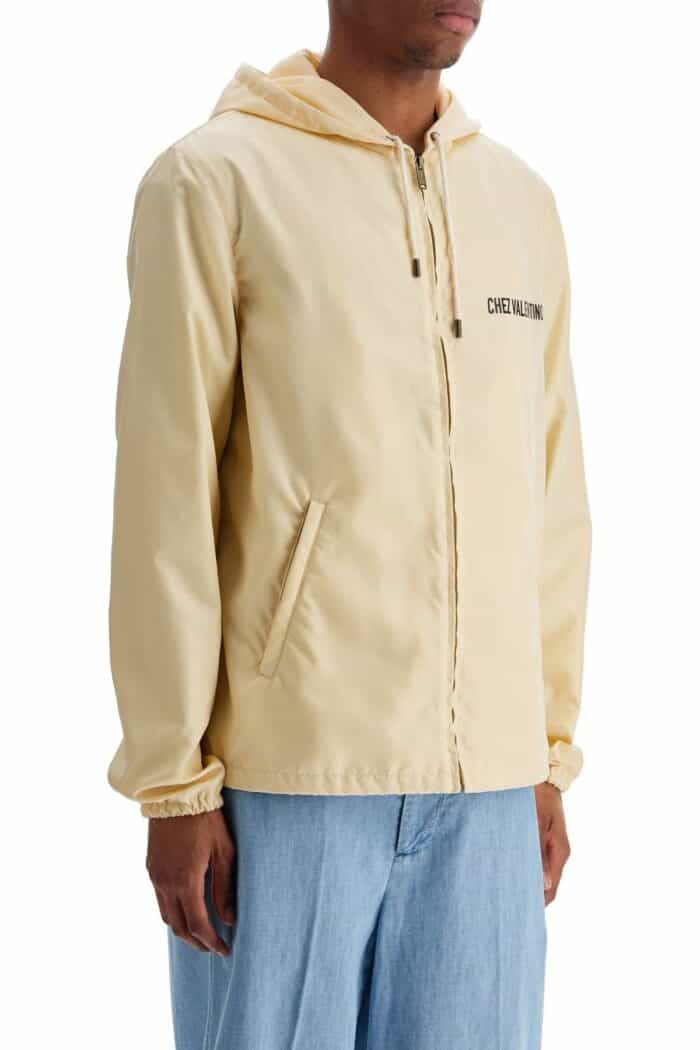 VALENTINO GARAVANI Beige Hooded Windbreaker In Logoed Polyamide