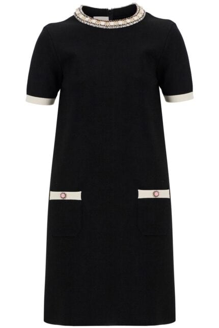 VALENTINO GARAVANI Black And Ivory Knit Dress With Round Neck In Viscose