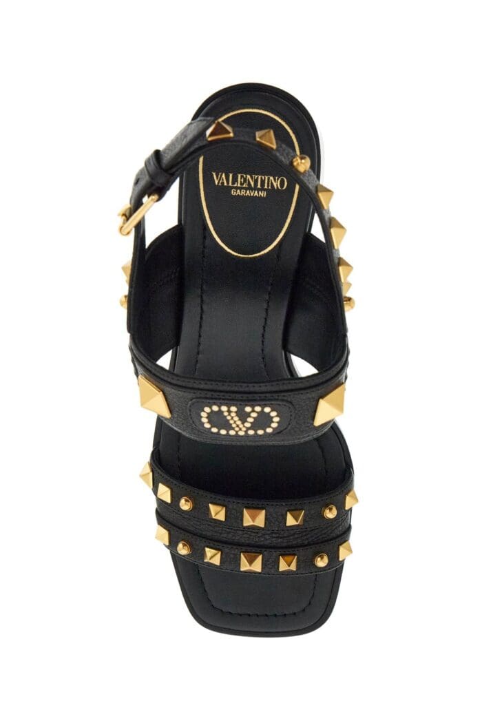 VALENTINO GARAVANI Black Buffalo Leather Sandals With Golden Studs And Square Heel