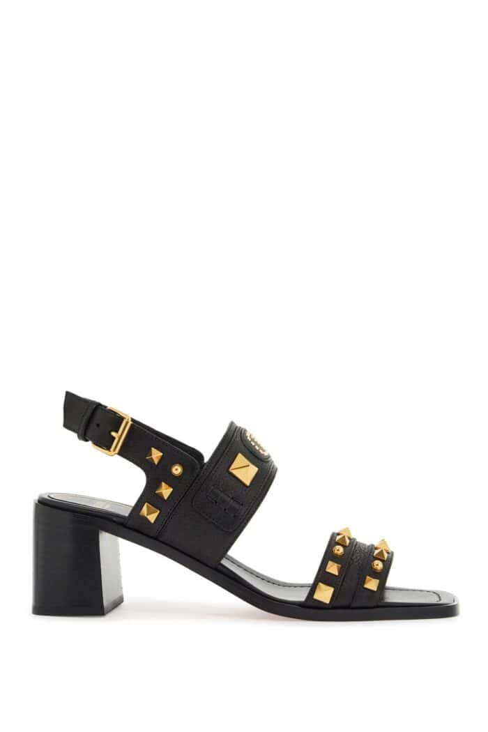 VALENTINO GARAVANI Black Buffalo Leather Sandals With Golden Studs And Square Heel