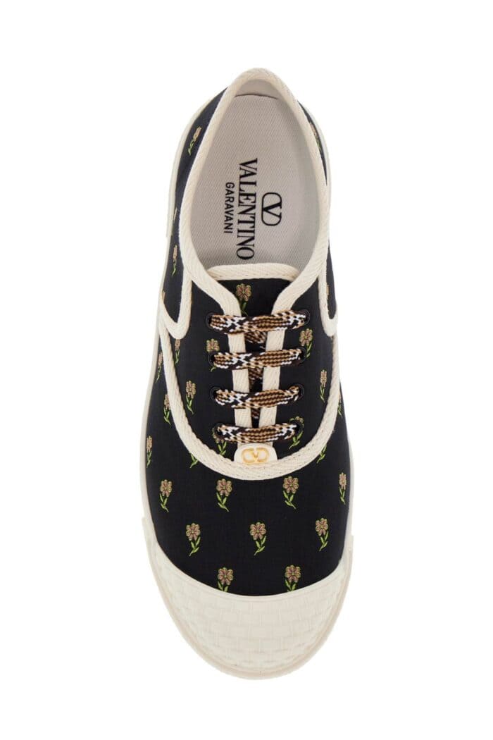 VALENTINO GARAVANI Black Cotton Sneakers With Floral Pattern And Rubber Sole