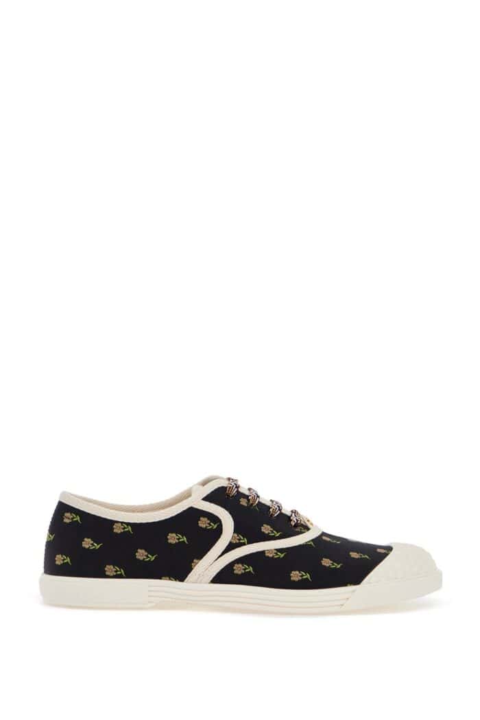 VALENTINO GARAVANI Black Cotton Sneakers With Floral Pattern And Rubber Sole