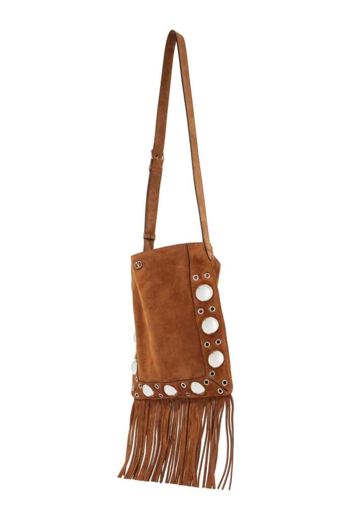 VALENTINO GARAVANI Brown Copper Suede Crossbody Bag With Studs And Fringe