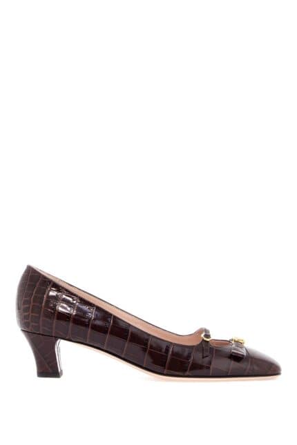 VALENTINO GARAVANI Brown Crocodile Effect Calfskin Pumps With Bow And Medium Heel