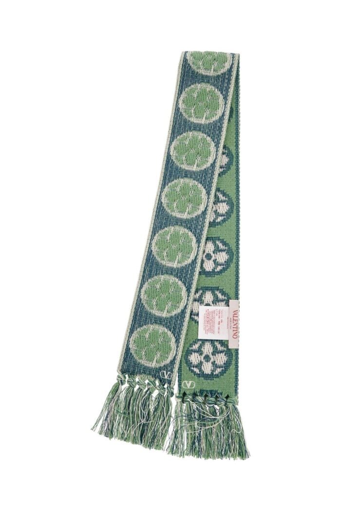 VALENTINO GARAVANI Floral Cotton Scarf With Ivory, Blue, And Aqua Fringes