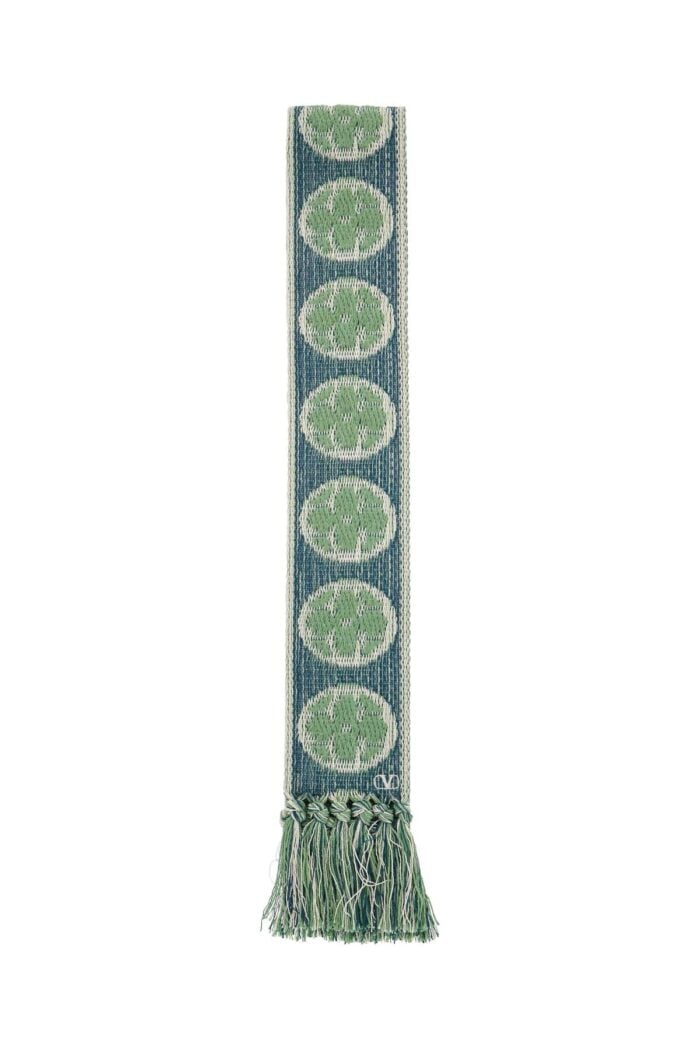 VALENTINO GARAVANI Floral Cotton Scarf With Ivory, Blue, And Aqua Fringes