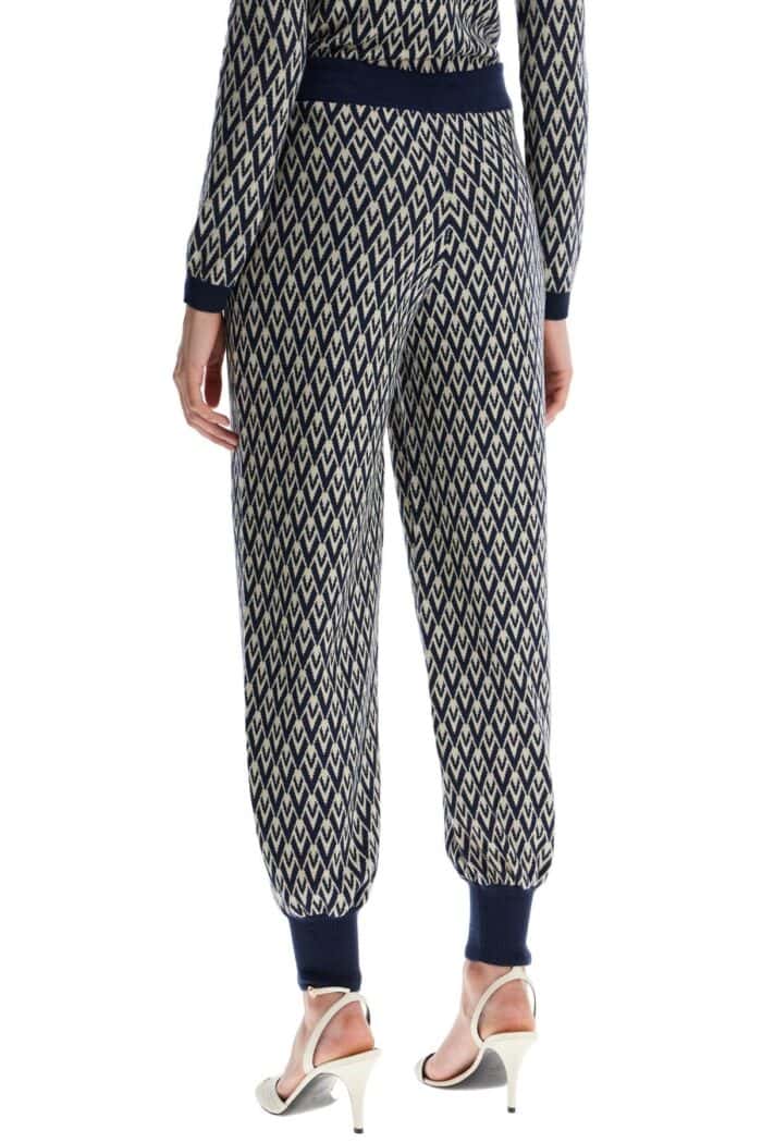 VALENTINO GARAVANI High-waisted Wide-leg Zigzag Cream And Navy Virgin Wool Pants