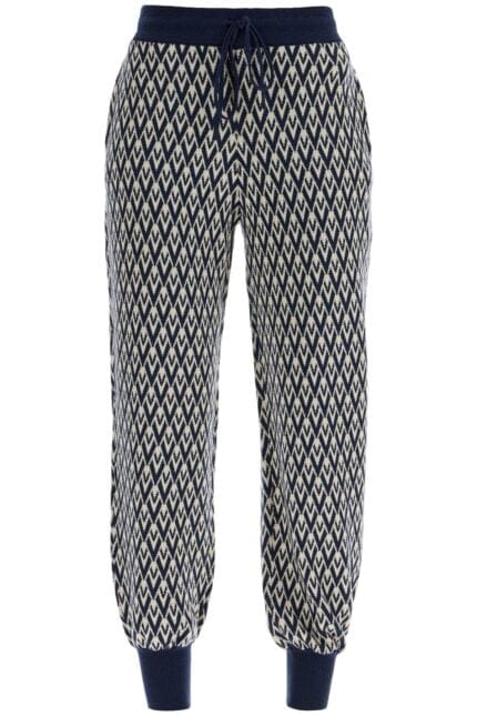 VALENTINO GARAVANI High-waisted Wide-leg Zigzag Cream And Navy Virgin Wool Pants