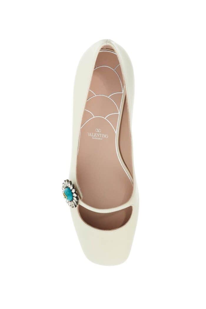 VALENTINO GARAVANI Ivory Kid Leather Ballerinas With Crystal Flower