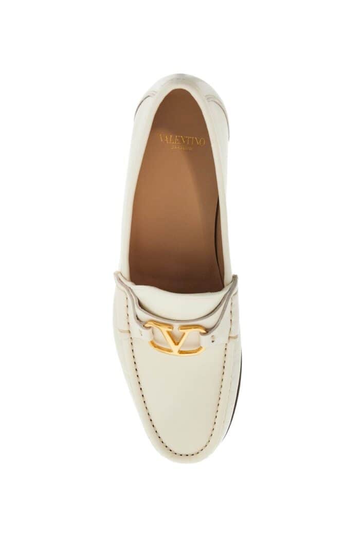 VALENTINO GARAVANI Ivory Leather Loafer With Golden Metal V Logo