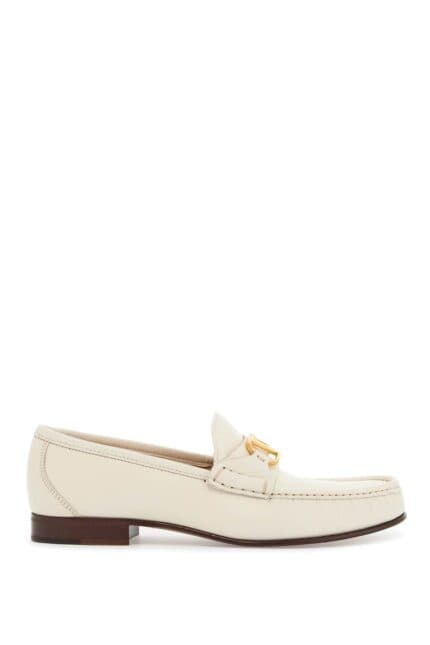 VALENTINO GARAVANI Ivory Leather Loafer With Golden Metal V Logo