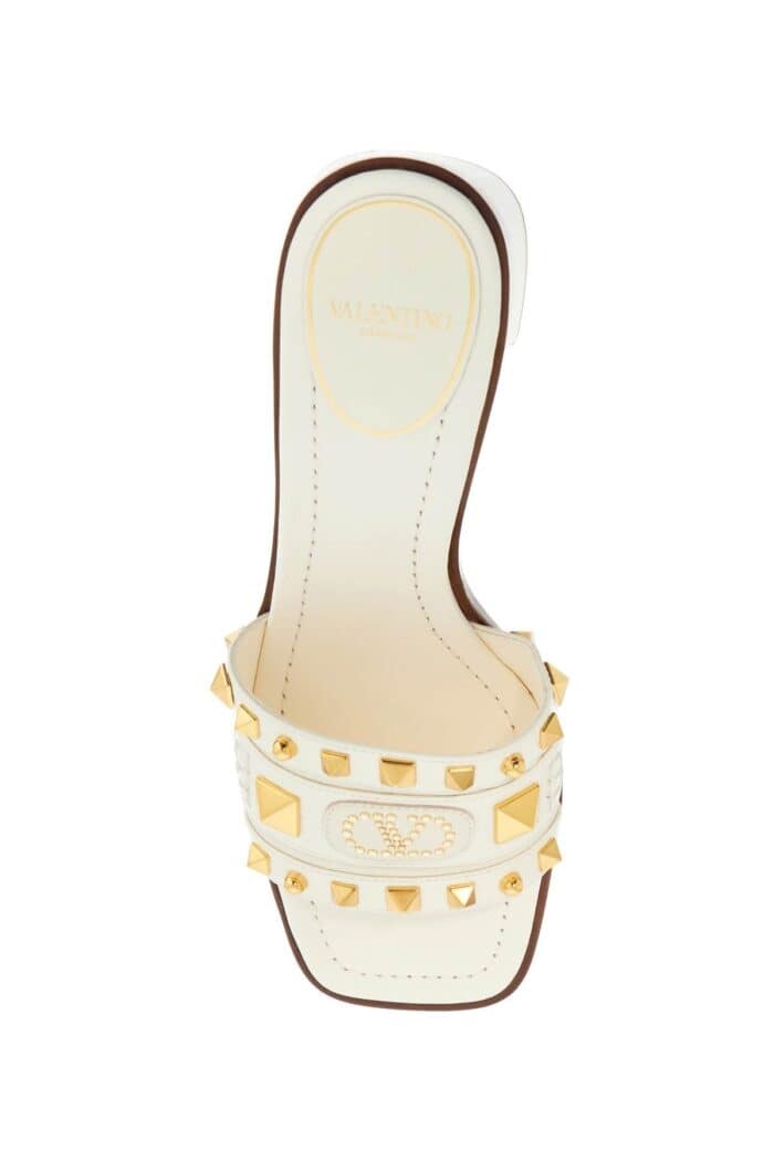 VALENTINO GARAVANI Ivory Leather Slippers With Golden Studs And Low Heel