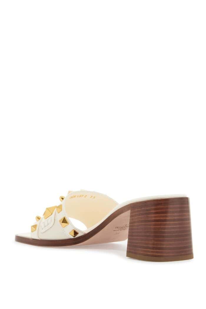 VALENTINO GARAVANI Ivory Leather Slippers With Golden Studs And Low Heel