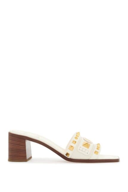 VALENTINO GARAVANI Ivory Leather Slippers With Golden Studs And Low Heel