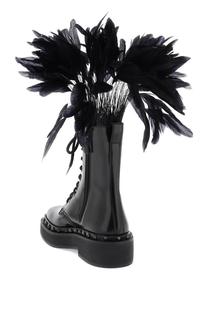 Valentino Garavani Leather M-way Rockstud Combat Boots With Feathers