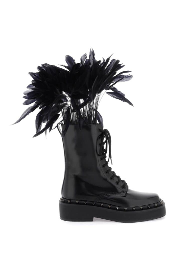 Valentino Garavani Leather M-way Rockstud Combat Boots With Feathers