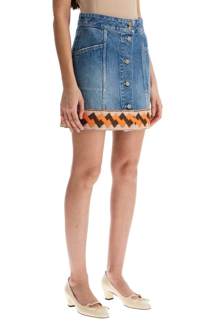 VALENTINO GARAVANI Medium Blue Denim Skirt With Geometric Trim