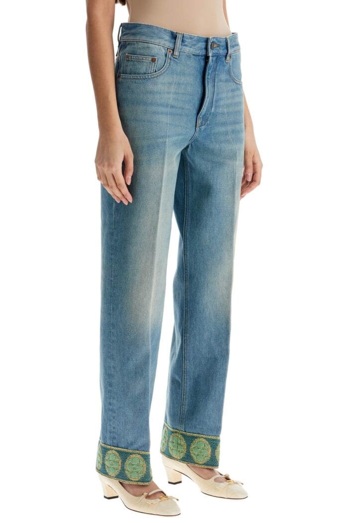 VALENTINO GARAVANI Medium Blue Jeans With Green Embroidery, Straight Leg, High Waist