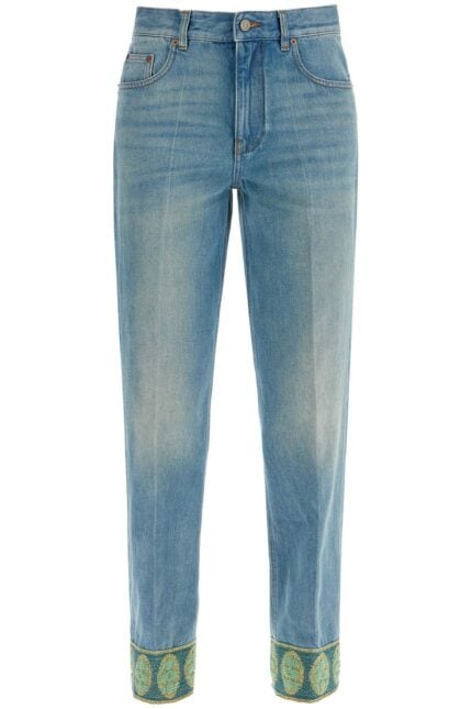 VALENTINO GARAVANI Medium Blue Jeans With Green Embroidery, Straight Leg, High Waist