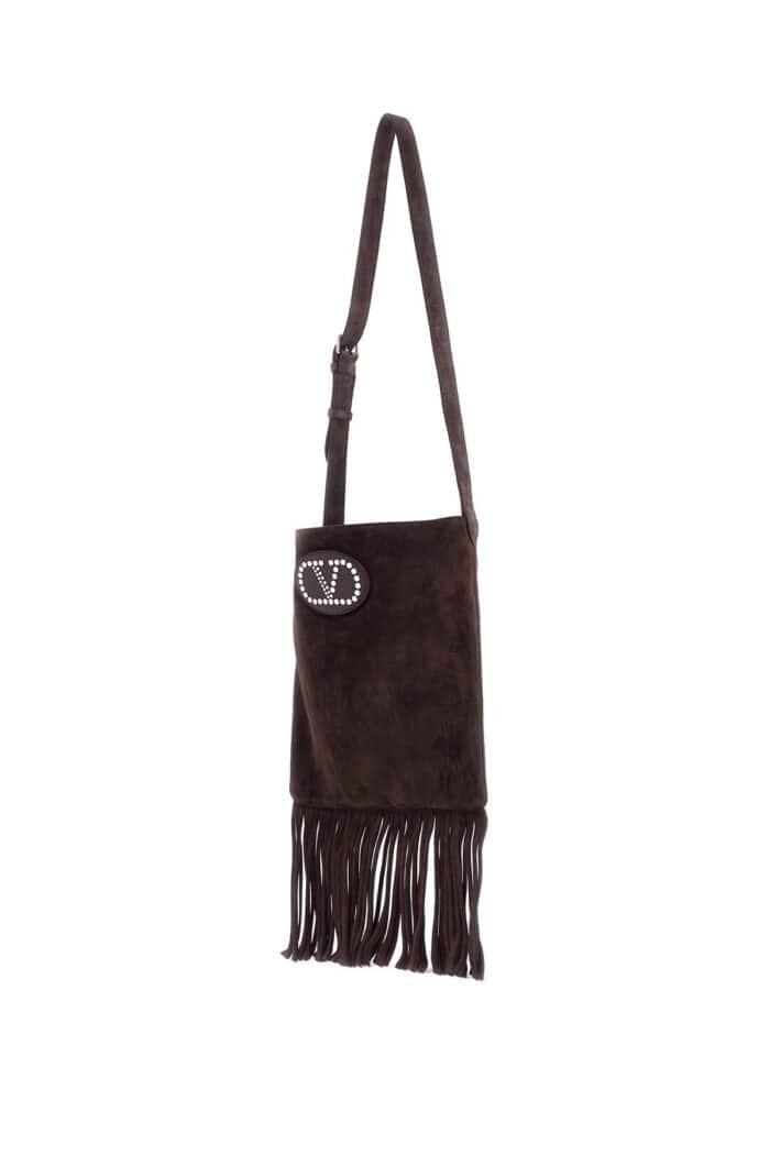 VALENTINO GARAVANI Medium Dark Brown Suede Fringe Crossbody Bag