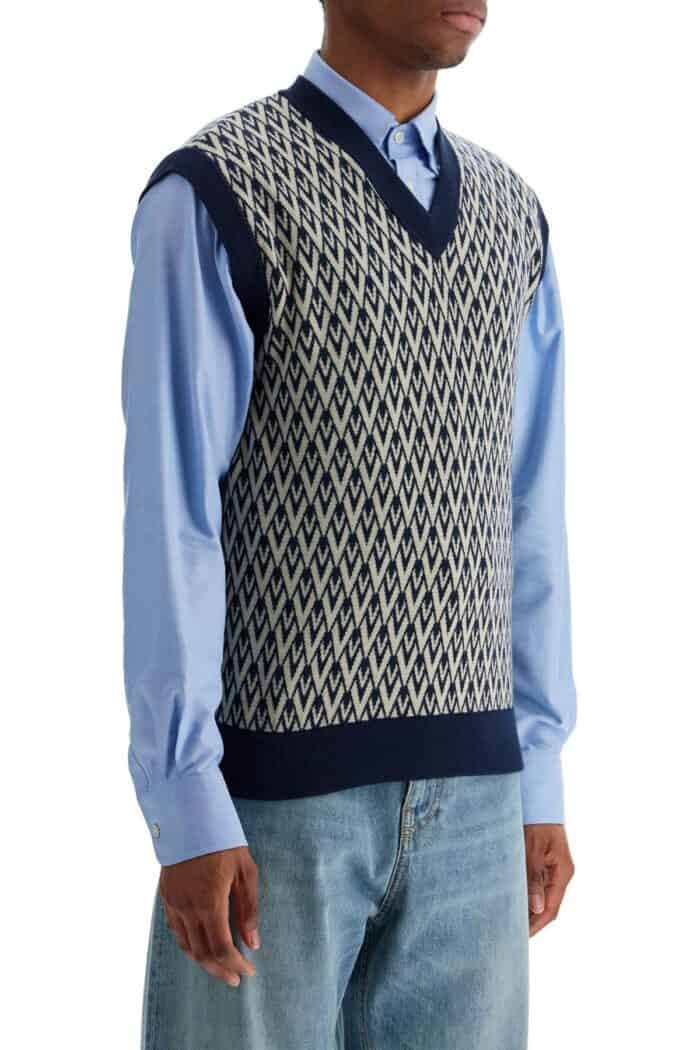 VALENTINO GARAVANI Men's Navy Virgin Wool Vest With Pattern