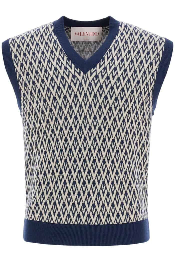 VALENTINO GARAVANI Men's Navy Virgin Wool Vest With Pattern