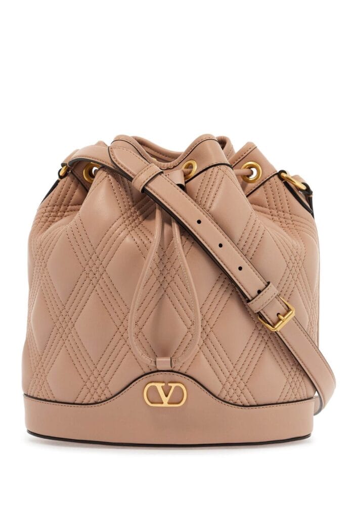 VALENTINO GARAVANI Quilted Pink Leather Bucket Crossbody Bag With Golden Details