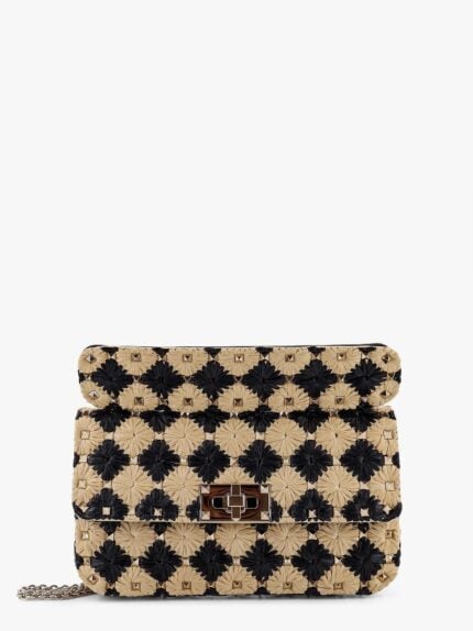 Valentino Garavani Rockstud Embroidered Rafia Shoulder Bag