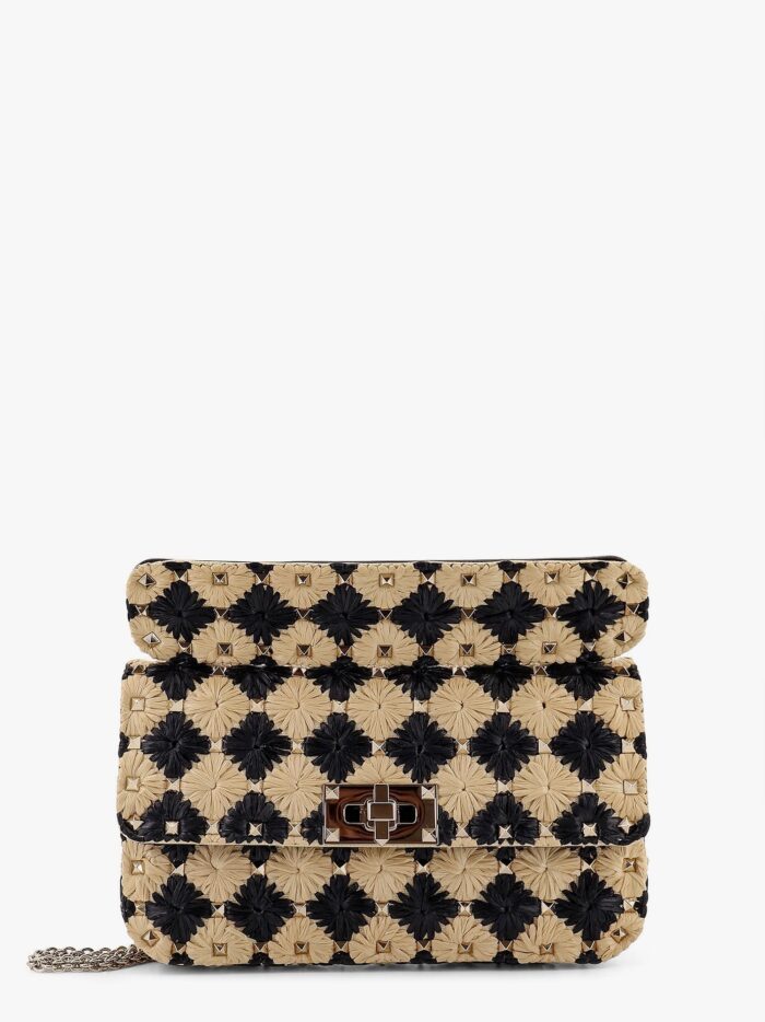 Valentino Garavani Rockstud Embroidered Rafia Shoulder Bag