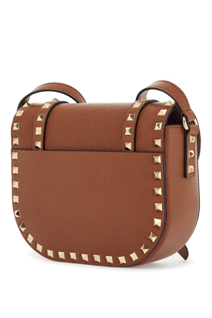 VALENTINO GARAVANI Small Messenger Crossbody Bag In Brown Hammered Leather With Studs