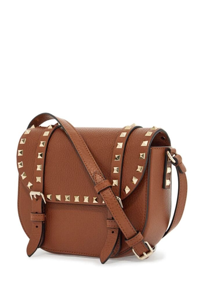 VALENTINO GARAVANI Small Messenger Crossbody Bag In Brown Hammered Leather With Studs