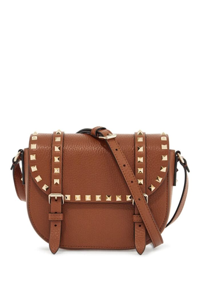 VALENTINO GARAVANI Small Messenger Crossbody Bag In Brown Hammered Leather With Studs