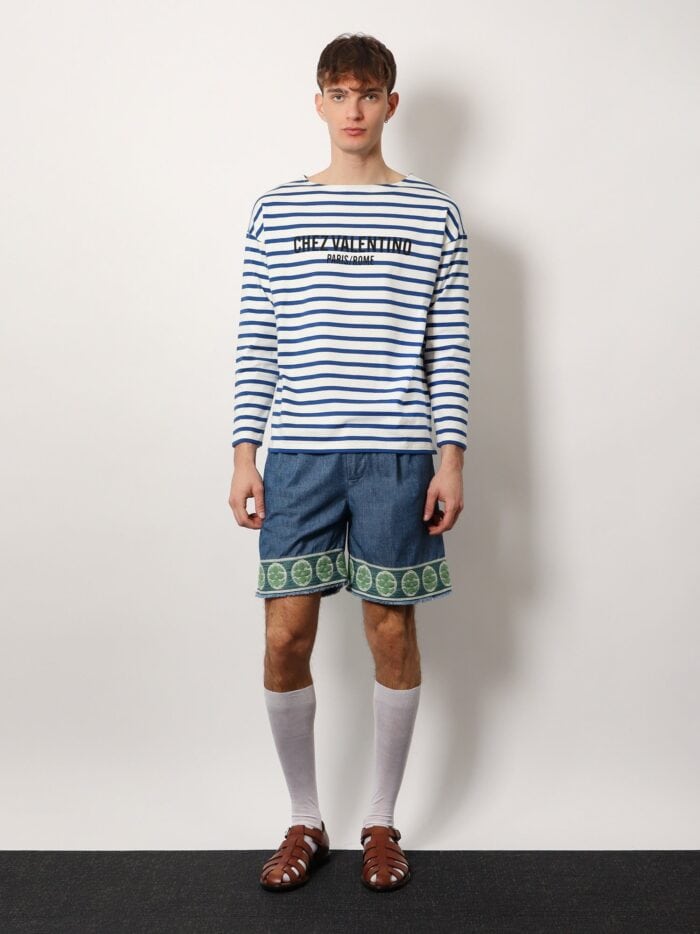 Valentino Garavani Striped Cotton T-shirt With Chez Valentino Paris/rome Print