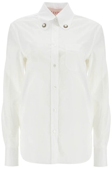 VALENTINO GARAVANI Structured Collar White Optical Long Sleeve Cotton Shirt