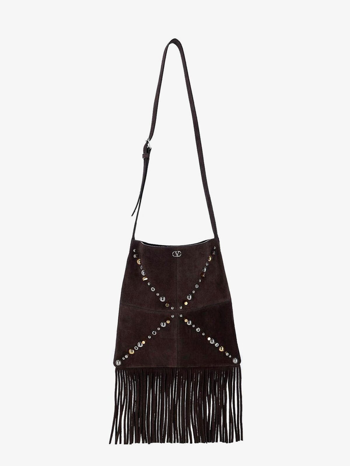 Valentino Garavani Suede Shoulder Bag With Fringes And Metal Details