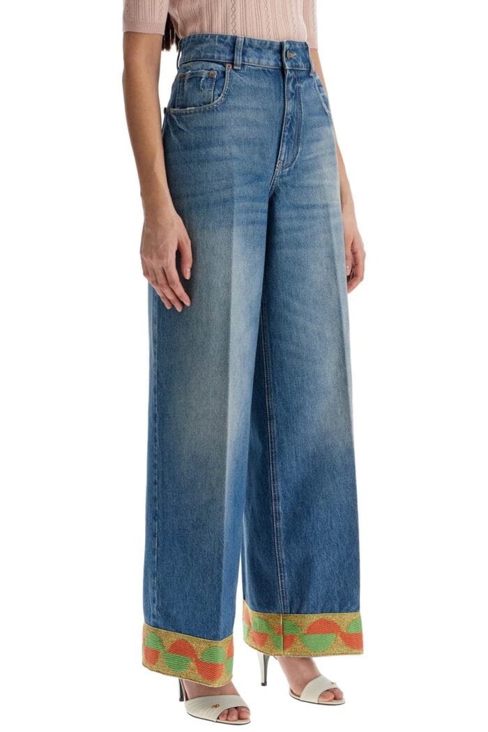 VALENTINO GARAVANI Wide Leg High Waist Jeans With Colorful Trim In Medium Blue