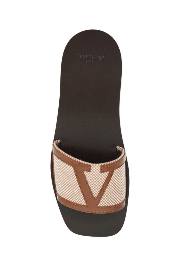 VALENTINO GARAVANI Women's Slippers In Natural Fabric And Leather/tobacco With Wide Check Pattern Strap