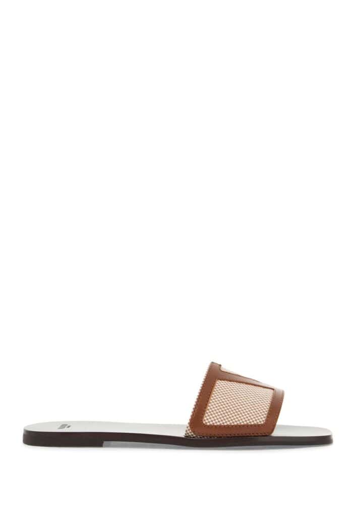 VALENTINO GARAVANI Women's Slippers In Natural Fabric And Leather/tobacco With Wide Check Pattern Strap