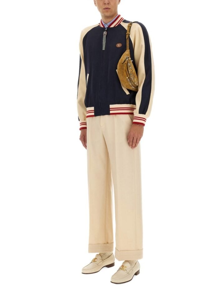 Valentino WOOL AND COTTON BOMBER JACKET WITH VLOGO AND CHAT DE LA MAISON PATCH