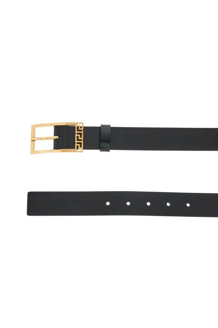 VERSACE Black Brushed Calfskin Belt 30 Mm With Geometric Buckle