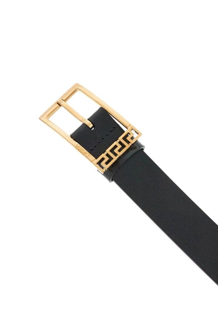 VERSACE Black Brushed Calfskin Belt 30 Mm With Geometric Buckle