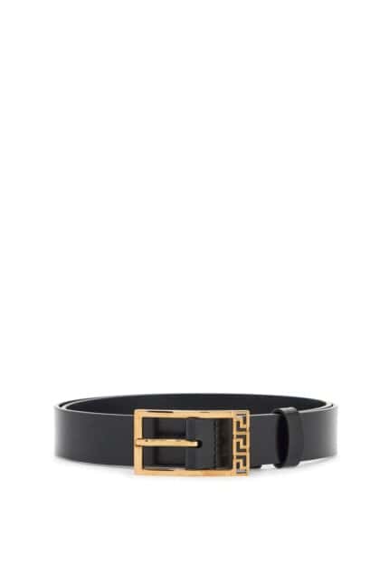 VERSACE Black Brushed Calfskin Belt 30 Mm With Geometric Buckle