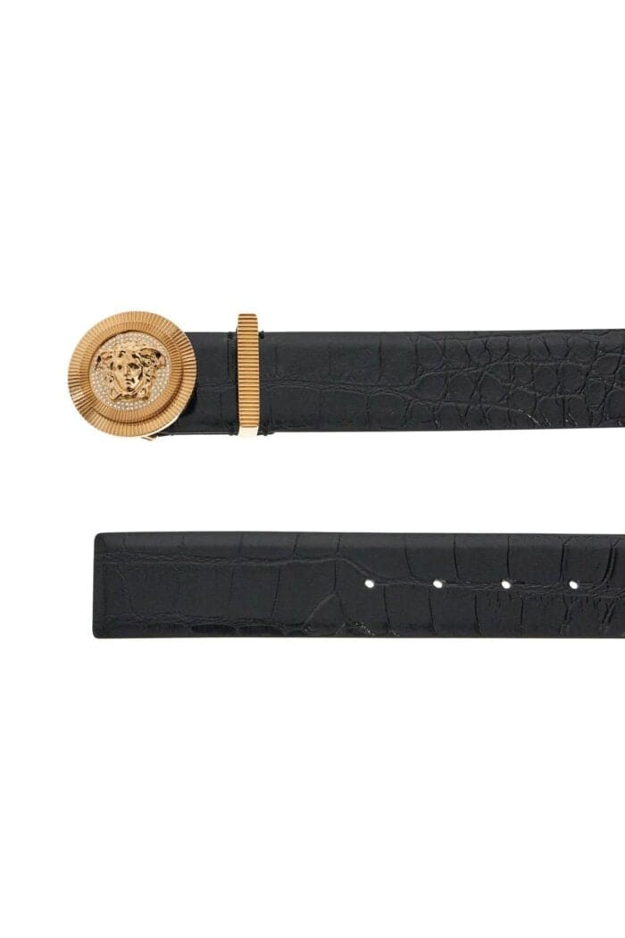 VERSACE Black Embossed Crocodile Calfskin Belt With Rhinestones 40mm